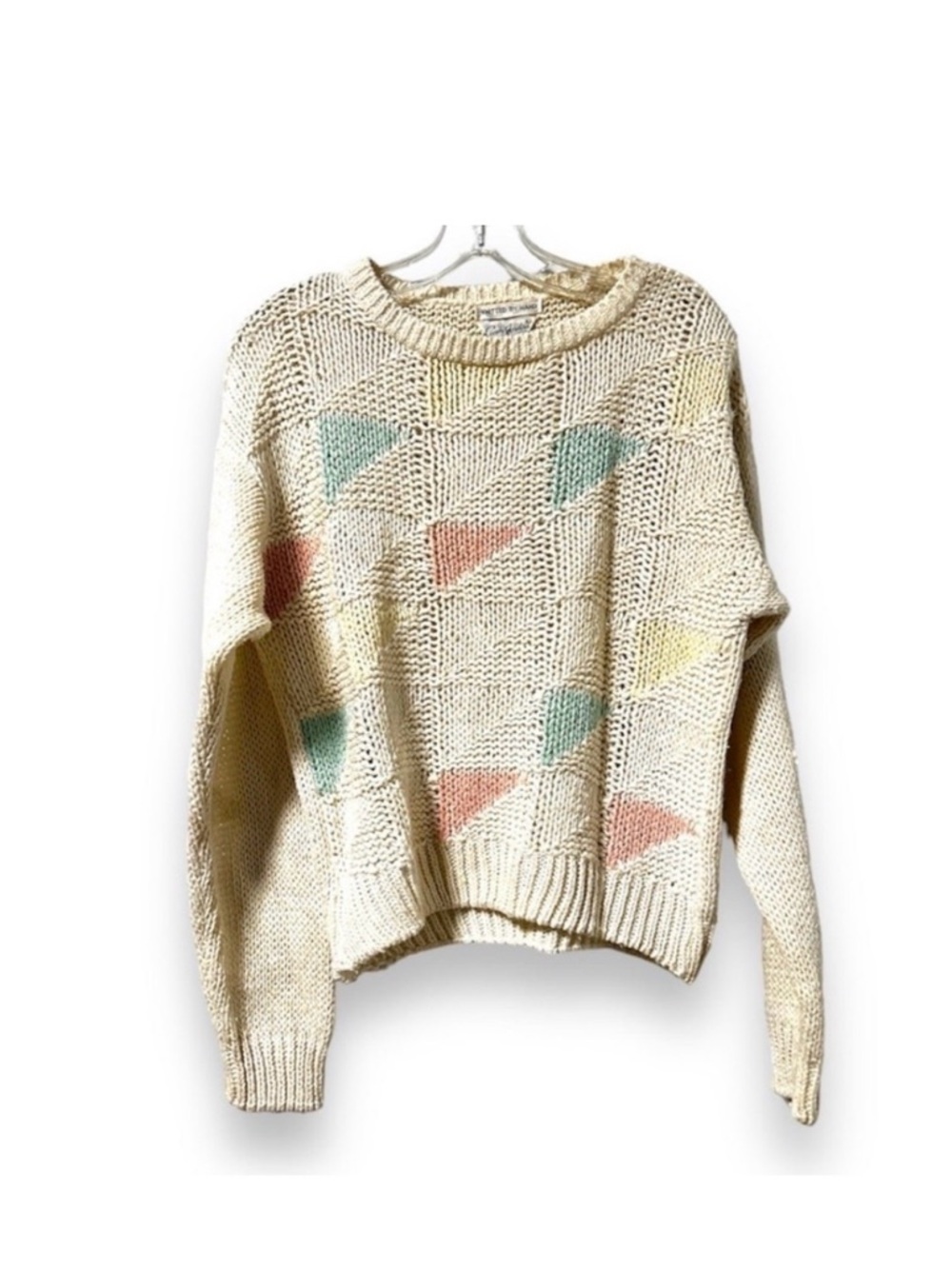 Vintage 80s Cindy Jordan Hand Knit Pastel Triangle Sweater Women’s Size Large